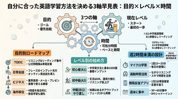 自分に合った英語学習方法を決める3軸早見表：目的×レベル×時間
