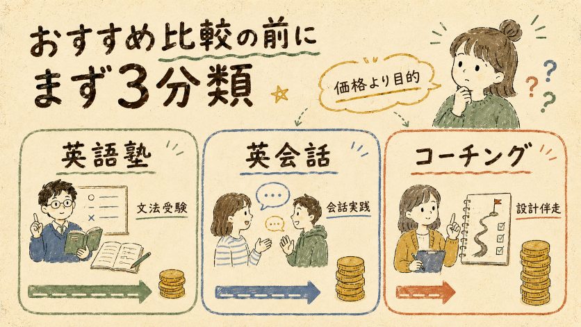 英語塾・英会話スクール・英語コーチング——おすすめを比べる前に知っておきたい3カテゴリー早見表