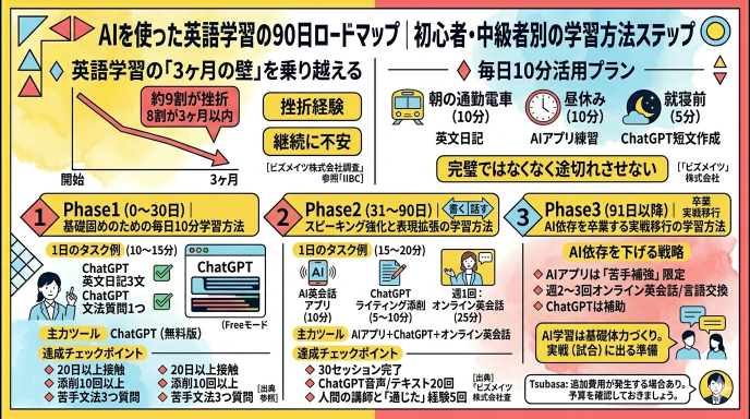 AIを使った英語学習の90日ロードマップ｜初心者・中級者別の学習方法ステップ