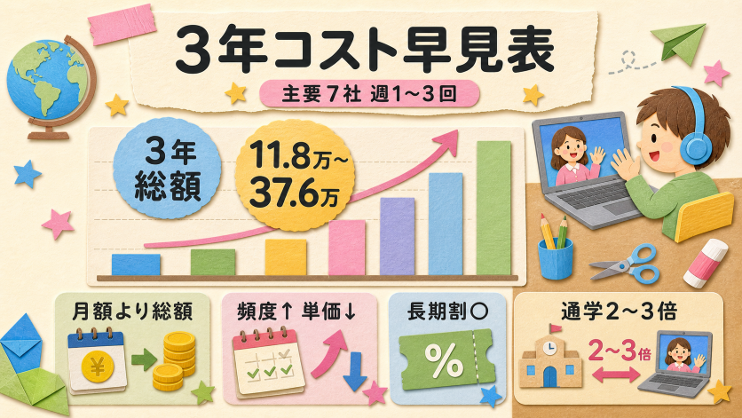 子供のオンライン英会話の3年間コスト早見表｜7社を週1〜3回で比較