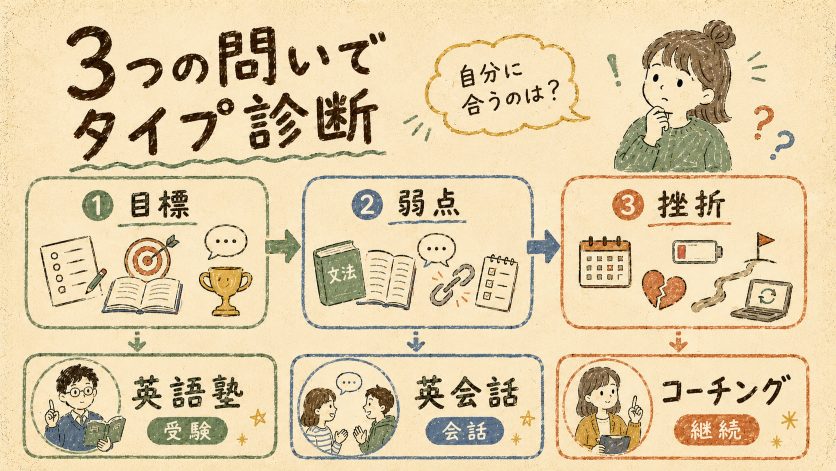 英語塾おすすめタイプが3つの問いで分かる——自己診断フロー