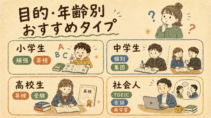 目的・年齢別｜英語塾おすすめタイプ一覧（子ども・中高生・社会人）