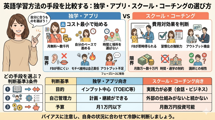 英語学習方法の手段を比較する：独学・アプリ・スクール・コーチングの選び方