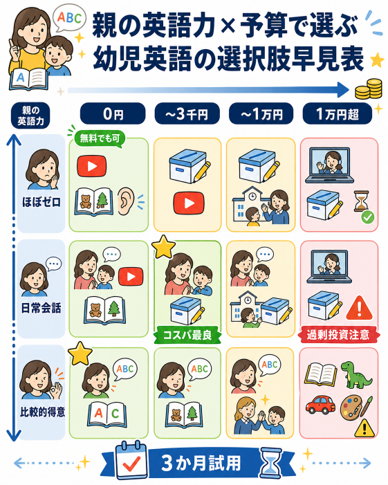 親の英語力×予算で選ぶ幼児英語の選択肢早見表