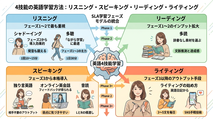 4技能の英語学習方法：リスニング・スピーキング・リーディング・ライティング