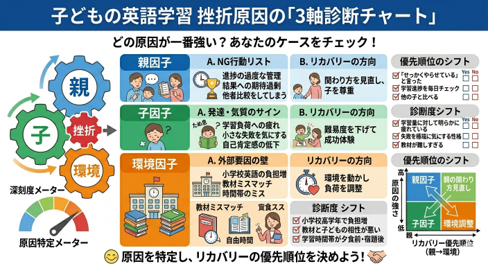 子どもの英語学習が挫折・失敗する原因——親因子・子因子・環境因子の3軸診断チャート