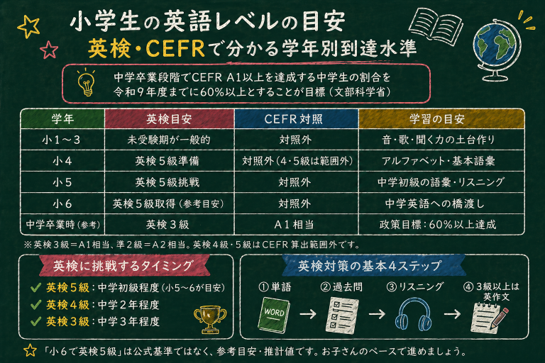 小学生の英語レベルの目安｜英検・CEFRで分かる学年別到達水準
