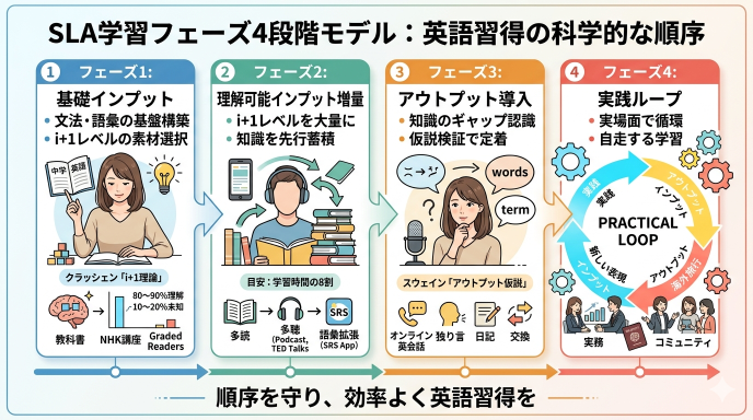 科学が支持する英語学習方法の順序：SLA学習フェーズ4段階モデル