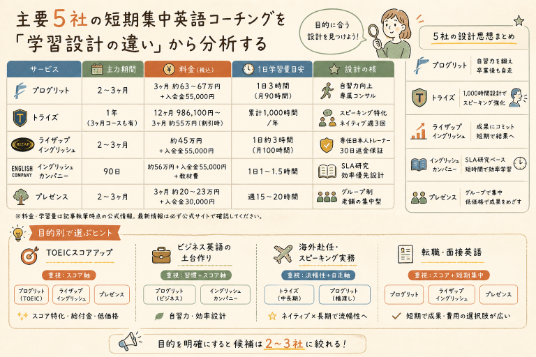 主要5社の短期集中英語コーチングを「学習設計の違い」から分析する