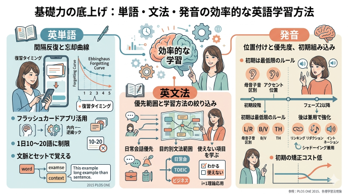 単語・文法・発音の効率的な英語学習方法：基礎力を底上げする学習方法の選び方