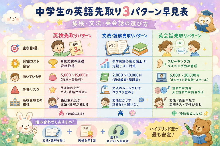 中学生の英語先取り3パターン早見表｜英検・文法・英会話の選び方