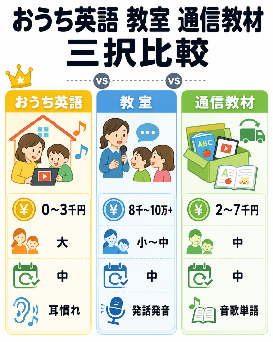 幼児の英語教育、おうち英語・教室・通信教材の三択比較—メリット・費用・継続難易度