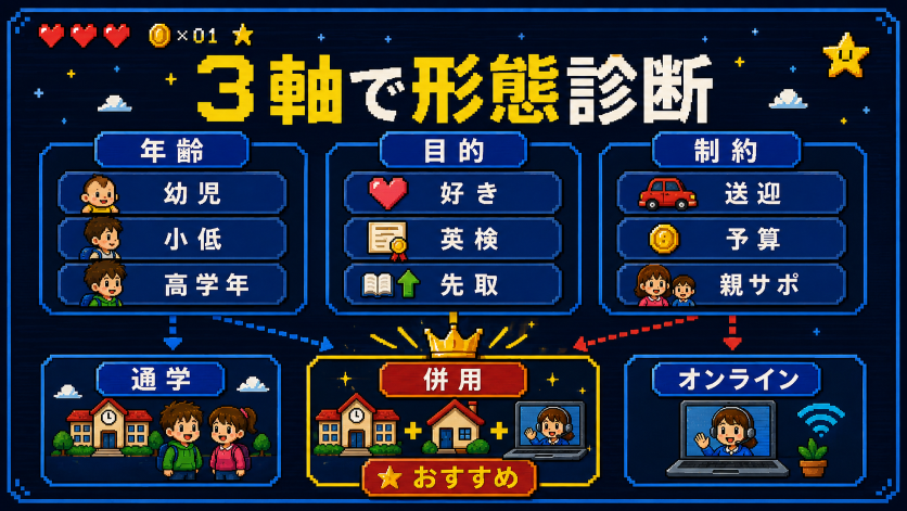 キッズ英会話の形態を選ぶための3軸診断（年齢・目的・家庭制約）