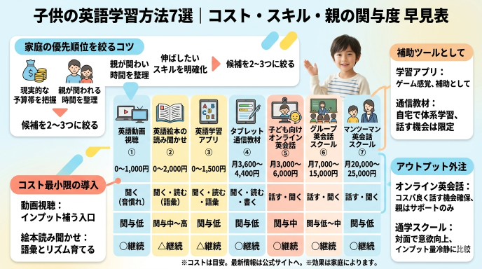 子供の英語学習方法7選|コスト・スキル・親の関与度 早見表