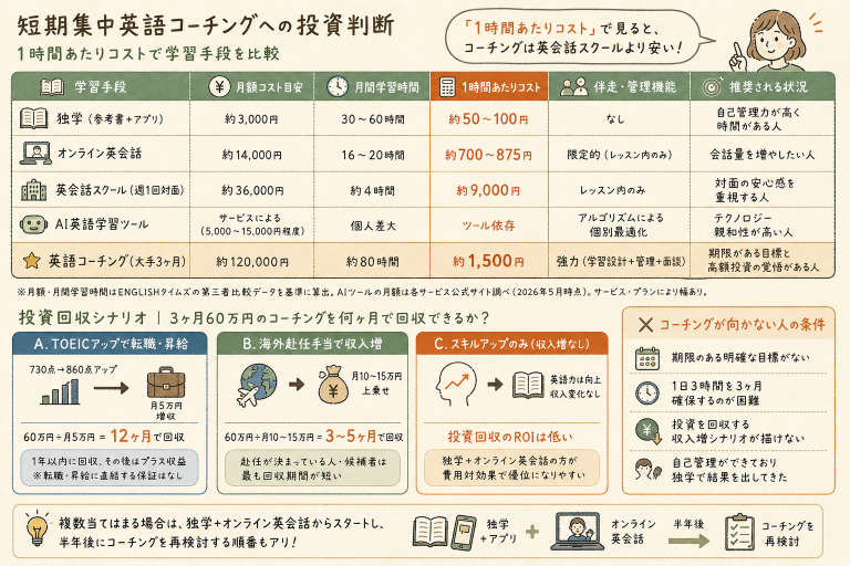 短期集中英語コーチングへの投資判断｜中立的な費用対効果の計算と向かない人の条件